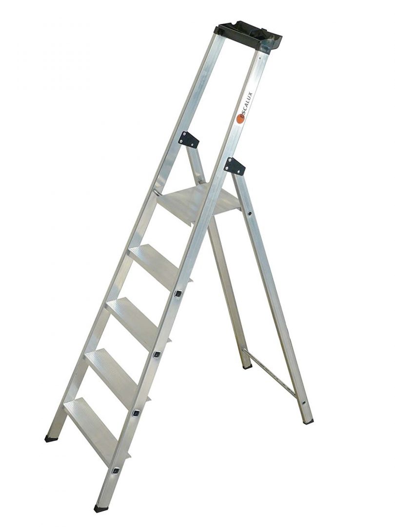 Escabeau Pliable 5 Marches - Charge 150 Kg, Pieds Antidérapants - Acier Blanc 152x87x39 Cm - Pour Bricolage, Jardin, Maison